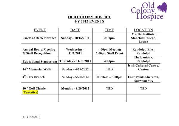 Calendar of Events